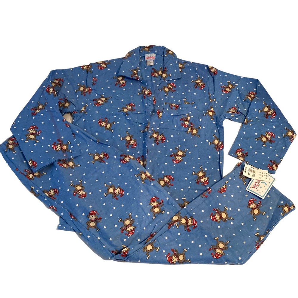 Glamour Chik blue and brown flannel monkey winter pajamas women’s large
